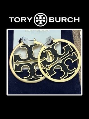 NWT - TORY BURCH Black & Gold Enamel Miller Hoop Earrings